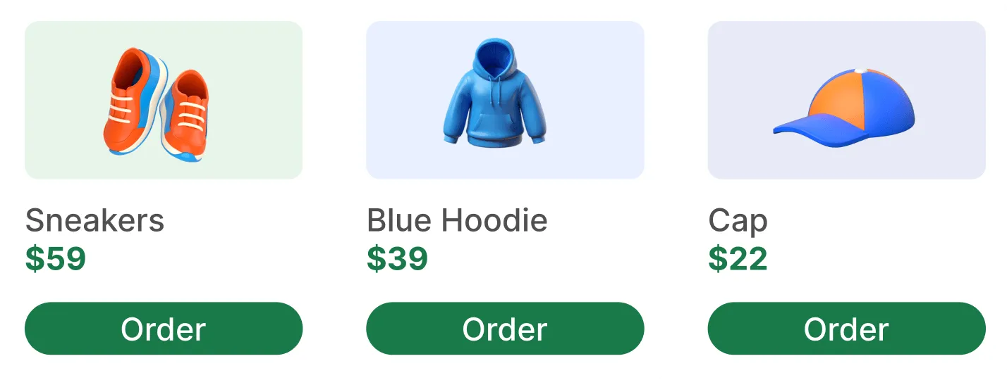Product cards for Sneakers, Blue Hoodie and Cap each with an Order button