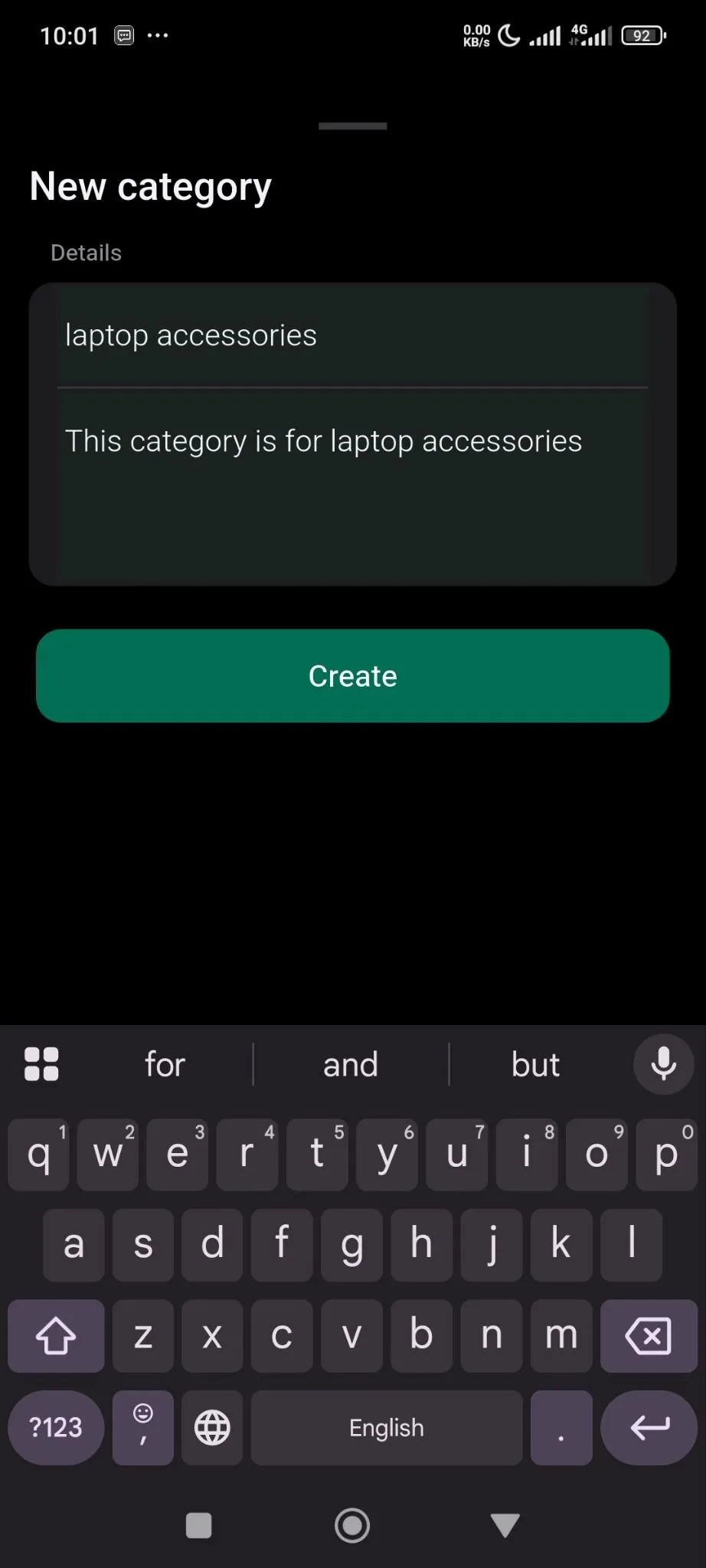 Add the name of the category and description and finish with clicking on the Create button