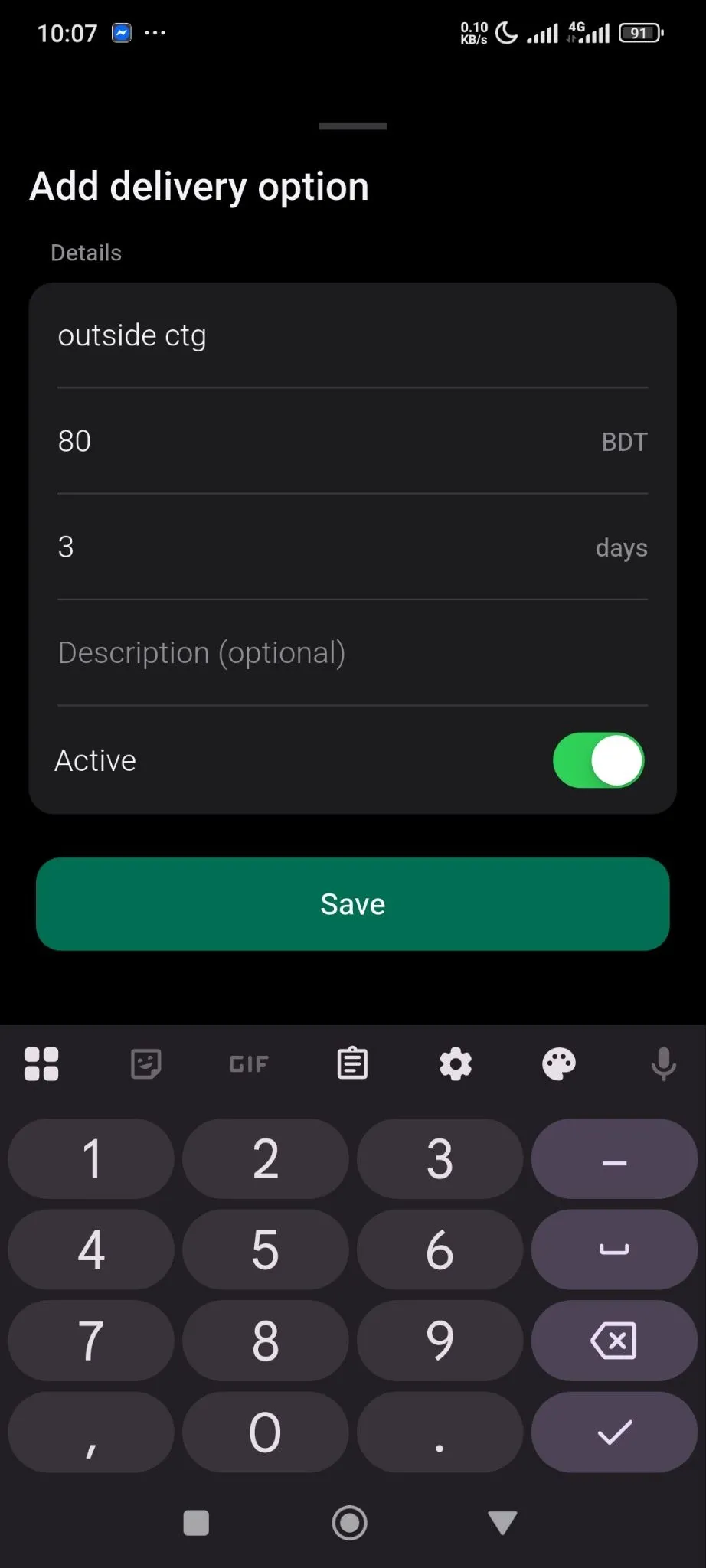 For creating new delivery fees, click on the Add Delivery option button and there add the delivery