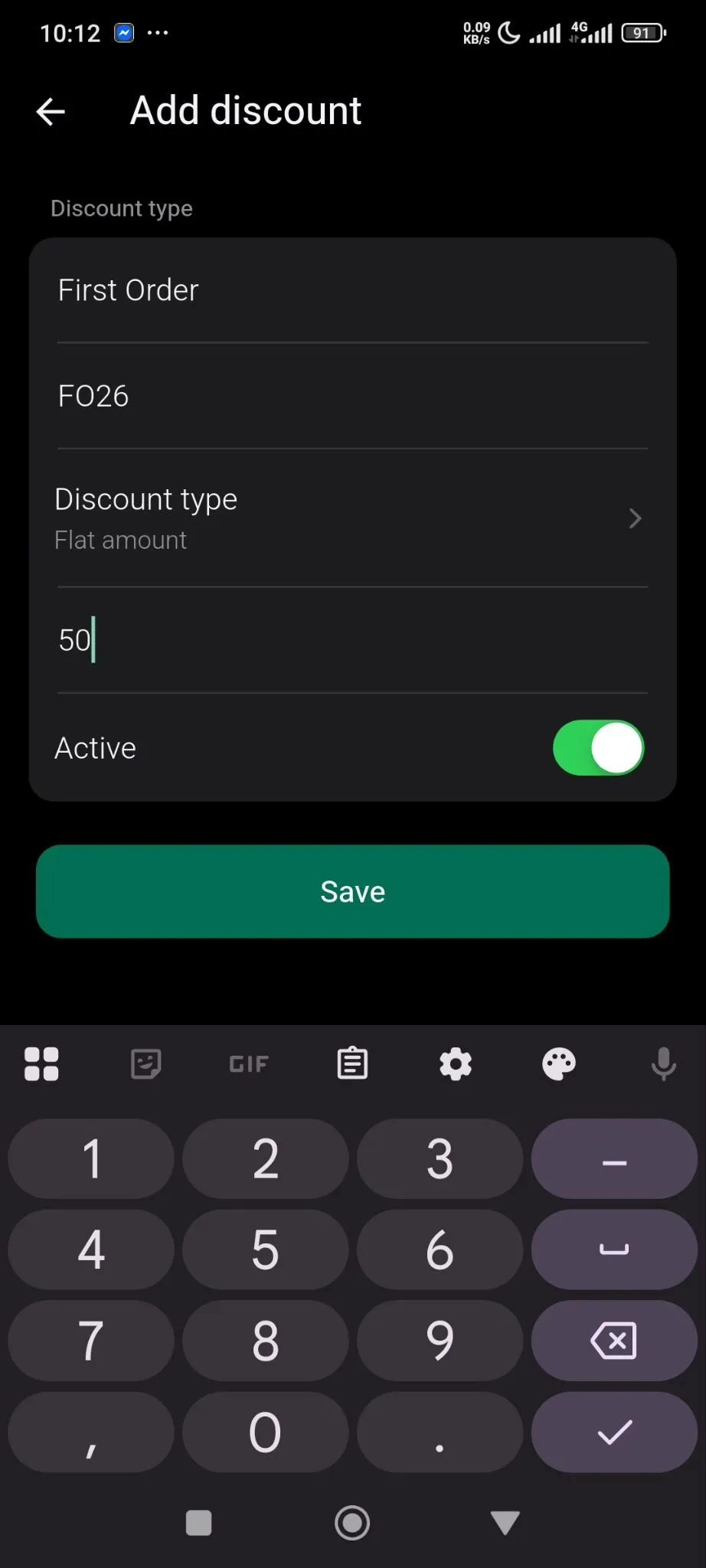 Add Coupon name, code, amount, and toggle the discount active and you are done