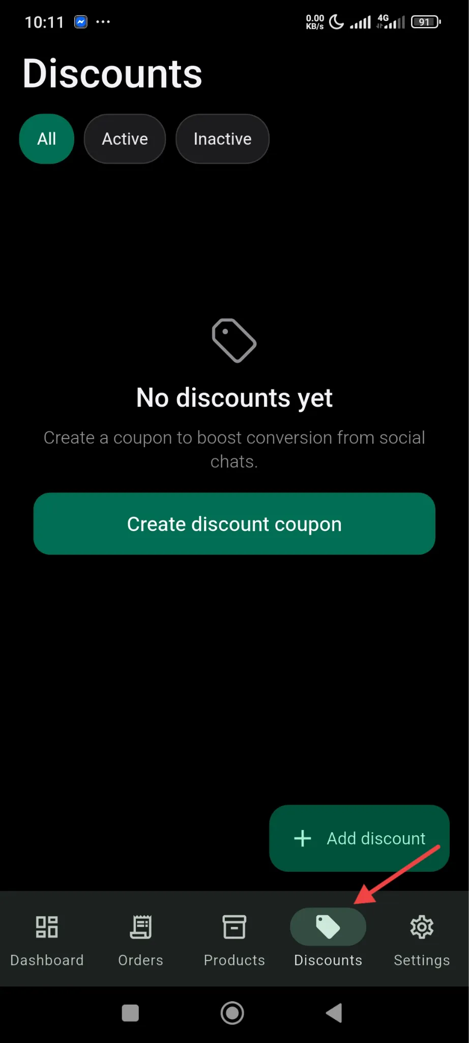 To enable discounts(coupon code) for your online store from the SellBuddy app, click on the