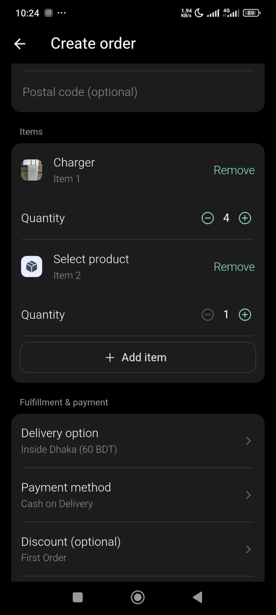 If you want you can create order manually by clicking on the New Order button and add items